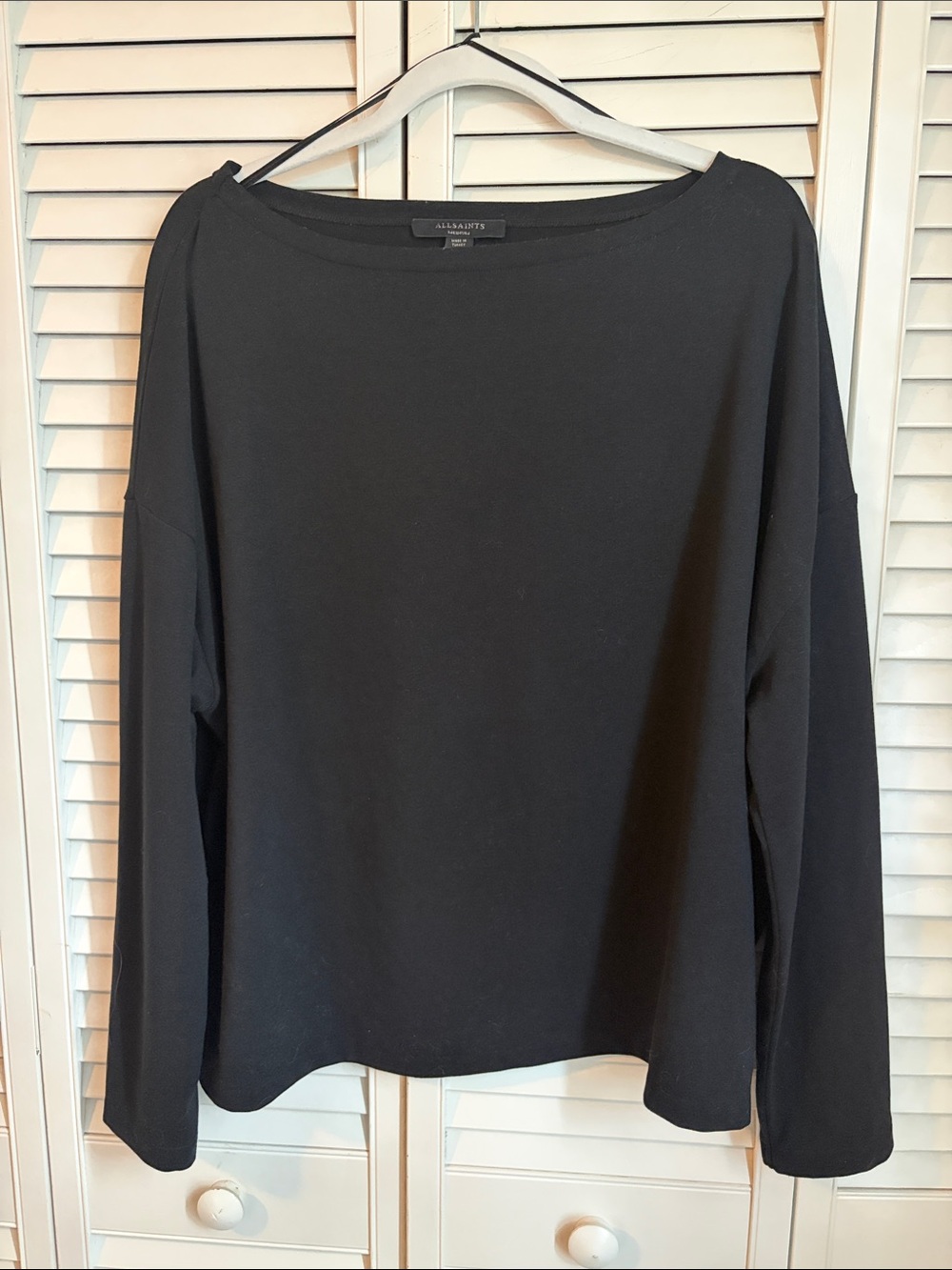 All Saints Medium Black Rita Tee Long Sleeve Boatneck Top